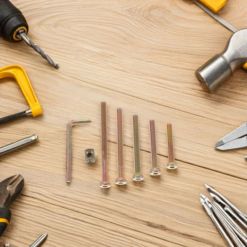 49-Piece M6 Hex Socket Head Screws And Barrel Nut Set, 40 To 80mm, arranged on a wooden surface with tools around.