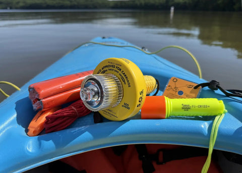 All In One Boating Safety Dry Bag Kit With IP68 Waterproof Flashlight, C1004 Visual Distress Signal on kayak