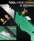 All Metal Utility Knife Retractable Heavy Duty Aluminum Body For Durable Cutting, Locking Blade, Pro Grade Box Cutter For Construction, Carpentry, And DIY Projects, Built To Withstand Drops And Tough Jobs. Green retractable utility knife with tool-free blade change shown with 6 blades inside.