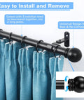 Heavy Duty 1 Inch Curtain Rod Set With Round Finials, Adjustable From 16 To 60 Inches, Black Finish, No Fuss Install