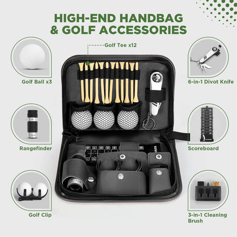 Pro Grade Golf Accessories Set With High End PU Case, Includes 3 Golf Balls, HD Rangefinder, 12 Extended 83mm Tees, 3 In 1 Cleaning Brush.