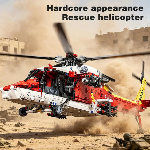 Rescue Helicopter Building Block Set With 1528 Pieces And Motorized Rotors Realistic Gear System Transport Copter in desert scene