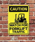 3 Pack Watch For Forklift Traffic Safety Signs 10x14 Aluminum, Caution Yellow Black Signs, mounted on brick wall