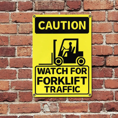3 Pack Watch For Forklift Traffic Safety Signs 10x14 Aluminum, Caution Yellow Black Signs, mounted on brick wall