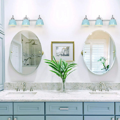Blue Metal Shade Three Light Vanity Light With Brushed Nickel Finish Over Mirror For Bathroom Bedroom And Hallway, 21.5 Inch Length, installed above double mirrors in bathroom setting, providing warm ambient glow and modern farmhouse vibe.