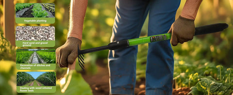 Handy Tiny Garden Rake With Telescoping Handle 27 To 39 Inches Non Slip Grip used in vegetable garden by person wearing gloves