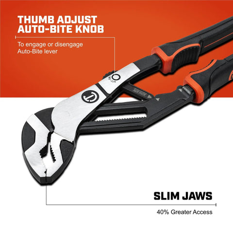 12 Inch Auto-Bite Tongue And Groove Pliers With Cushion Grip, Slim Jaw For Forty Percent More Access In Tight Spaces