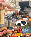 Grilling scene with inset showing 4 Pcs AA Battery Push Button Igniter Cap With Spring Replacement Caps For Gas Grill BBQ