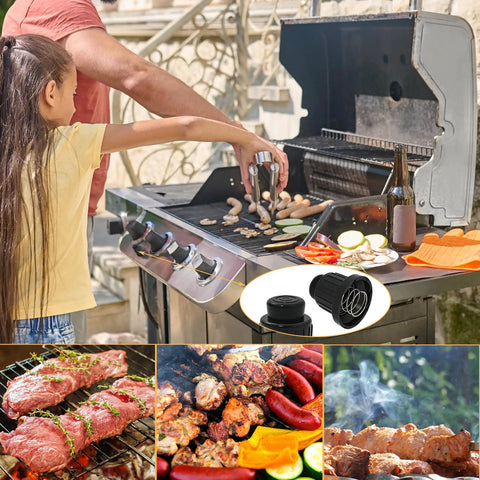 Grilling scene with inset showing 4 Pcs AA Battery Push Button Igniter Cap With Spring Replacement Caps For Gas Grill BBQ
