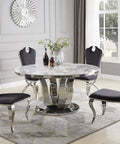 Level Up Your Dining Room With This Top Tier Round White Marble Dining Table Sporting A Sleek Stainless Steel Base And Easy Rotate Lazy Susan For Chill Evening Hangouts, surrounded by black velvet chairs.