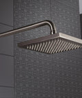 Square shower head with arm, part of the RP46870SS Stainless Tub And Shower Faucet Accessories Kit For Delta Tub And Shower Systems Replacement Parts Durable Brushed Stainless Finish Easy Install Built To Original Specs Quality Tested For Home Reno.