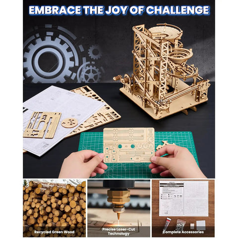 3D Wooden Marble Run Puzzle Kit For Adults, Mechanical Wood Roller Coaster Model, 8.7x9.5x10 in, assembled and unassembled parts