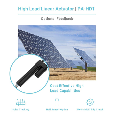 Close-up of PA-HD1 24V high-load linear actuator, black cylinder with metal shaft, 6-inch stroke, 450 lb force.