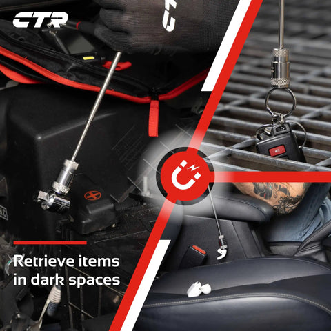 Telescoping Magnetic Pickup Tool Kit With Super Bright COB LED Square Inspection Mirror and Flexible Magnet Flashlight retrieving items from tight spaces in cars.