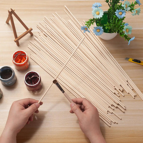 High Quality Game Changer Birch Dowel Rods For Craft Setup And Tiered Display 3/16 Inch X 15 Inch Pack Of Fifty smooth wood sticks in use with paint.