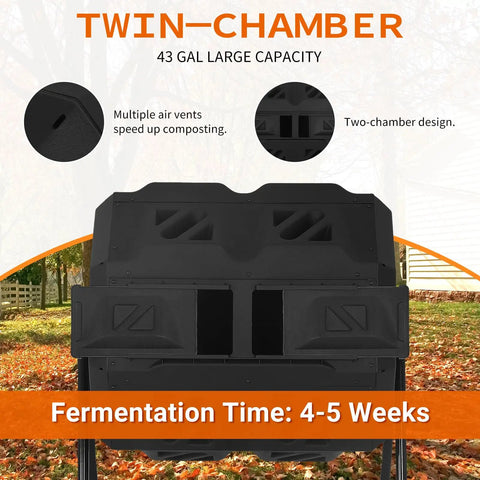 Dual Chamber Compost Bin With 43 Gallon Capacity Rotating Tumbler For Fast Easy Composting Sliding Doors For Grab And Go Convenience Great For Garden Kitchen And Yard Outdoor Black front view