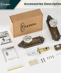 Crystal Door Knob Set With Privacy Lock In Antique Brass Base Glass Door Handle With Vintage Vibe For Bedroom Bathroom Hall Closet Solid Metal Build With Easy Install And Adjustable Backset Two And Three Eighths Or Two And Three Quarters Inch packaging and components