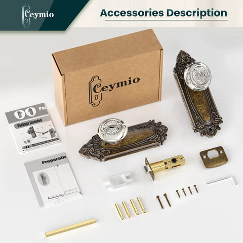 Crystal Door Knob Set With Privacy Lock In Antique Brass Base Glass Door Handle With Vintage Vibe For Bedroom Bathroom Hall Closet Solid Metal Build With Easy Install And Adjustable Backset Two And Three Eighths Or Two And Three Quarters Inch packaging and components