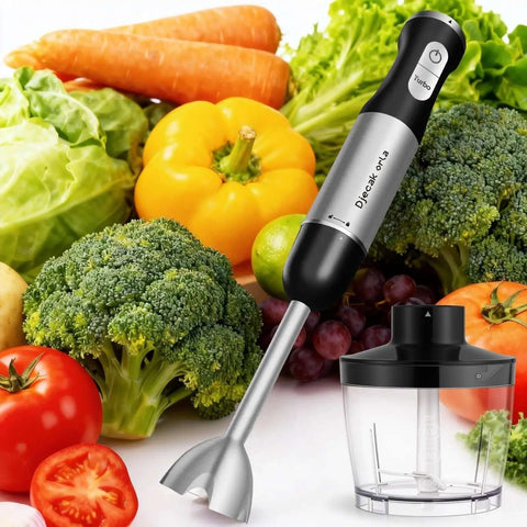 Heavy Duty Handheld Immersion Blender Featuring A Badass 1100 Watt Motor And Zero Fuss Variable Speed Control For Perfect Pureeing Ice Crushing And Whisking Tasks While Keeping Life Smooth with fresh vegetables and chopping bowl.