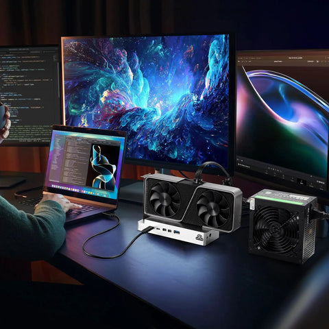 Mini Egpu Dock With Cnc Casing Compatible With Thunderbolt 3 4 Usb4 And Nvidia Amd Pcie External Graphics Card Enclosure connected to a laptop.