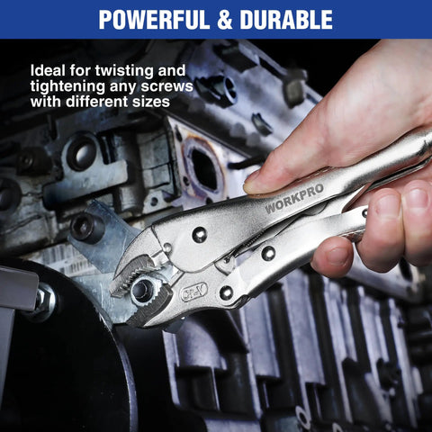 Hand using 10 Inch Curved Jaw Locking Pliers With Wire Cutter Beefy Heavy Duty Chrome Vanadium Steel Vise Grips on engine