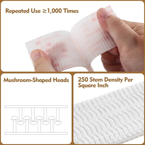 Premium Recloseable Fastener Tape Strips One By Two Inch Clear Heavy Duty Adhesive Pad Ten Pack in use with mushroom-shaped heads.