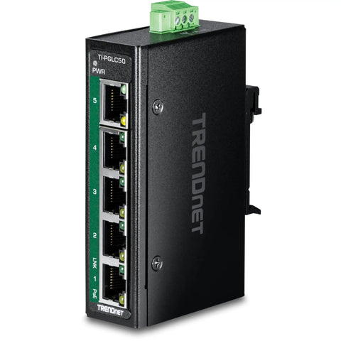 Industrial 5 Port Gigabit PoE Plus DIN Rail Mini Switch With 4 PoE Plus Ports And 1 Gigabit Port, front view