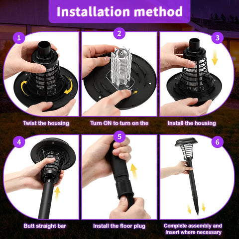 Installation guide for Four Pack Solar Bug Zapper Outdoor Waterproof Mosquito Killer Lights For Moths Gnats Flies And Other Small Flying Insects, Solar Powered Backyard Garden Lawn Lamps With Safety Net, No Outlet Needed, Purple And Flame Light