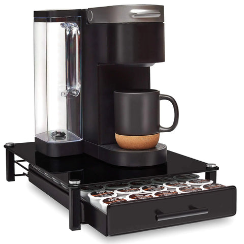 Premium Glass Coffee Stand With Pod Drawer For Keurig Coffeemakers Keeps Pods Handy On The Counter, with mug and K-Cup pods visible