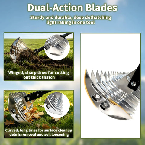 Heavy-Duty Dethatching Rake For Lawns 15 Inch With 19-Tine Steel Head, Adjustable Head And Long Handle, Dual-Action Blades