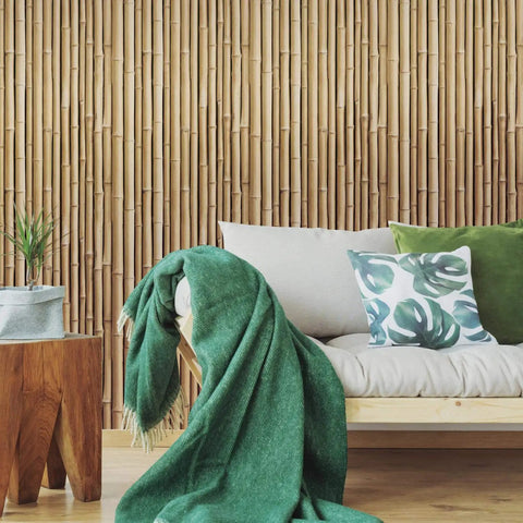 Living room with Brown Bamboo Peel And Stick Wallpaper Roll For Easy Removable Wall Decor, Self Adhesive Repositionable Covering With No Paste.