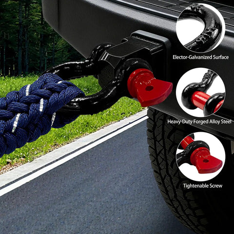 Six Pack Five Eighth Inch D Ring Shackles With Three Quarter Inch Red Screw Pins Heavy Duty Recovery Gear 3.25 Ton 7,165 Lb Working Load Limit Value Set For Tough Jobs, black steel shackle on tow rope