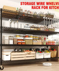 Extra Large Built Tough Four Tier Carbon Steel Wire Shelving Unit With Roller Glide Wheels for No Fuss Garage Pantry Tool Organization Warehouse Shop Storage Cart filled with jars, baskets, and containers.