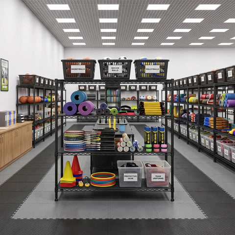 4-Tier Heavy Duty Wire Shelving Unit For Warehouse And Supermarket With Double Capacity And Space Saving Design Industrial Steel Shelving Measures 45.3W X 63H X 17.7D Easy Assembly in storage room filled with sports equipment