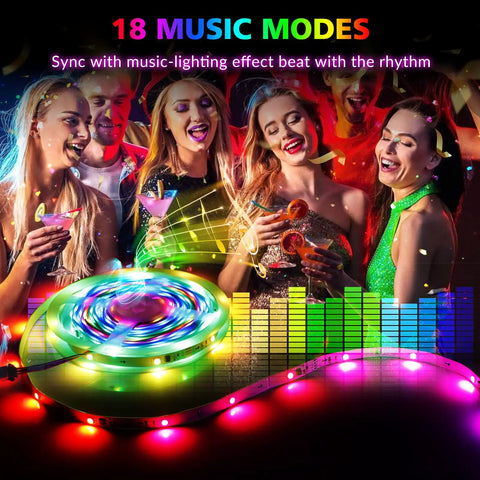 Dream Color LED Light Strip With Dynamic Chasing Effects and 180 LEDs Spanning 32.8 Feet, music sync and party scene.