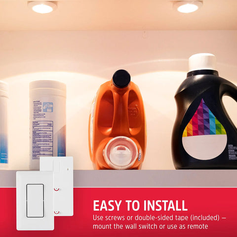 Battery Operated LED Puck Lights With Wall Switch Remote, 2 Pack, illuminating laundry shelf, easy to install via remote.