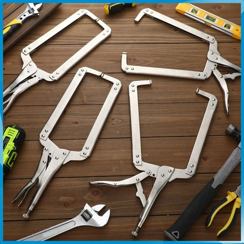 18 Inch C Clamp Locking Pliers For Heavy Duty Welding Table Clamps With Adjustable Pressure And Locking Design Deep Throat Large Eight Point Three Inch Opening Ideal For Securing Irregular Workpieces Four Piece Set on wooden table
