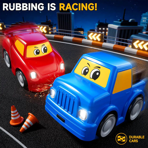 Twin Remote Control Cars For Toddlers 2 Pack Blue Truck And Red Race Car 2.4 GHz in action on a racetrack with cones.
