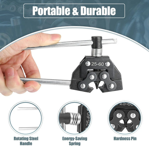 Hand holding All In One Roller Chain Tools Kit For 25 To 60 Chain Sizes Detacher Breaker Cutter Puller, showing rotating handle