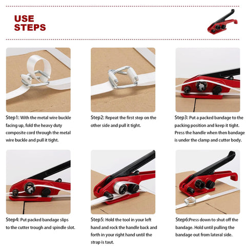 Use steps for Heavy Duty Packaging Strapping Kit With Upgraded Steel Tensioner, 3/4 Inch By 330 Feet Polypropylene Wrap.