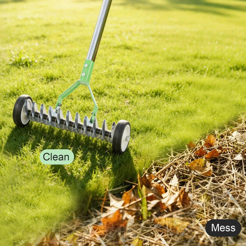 Wheeled Adjustable Thatch Rake For Lawn Care With Protective Gloves, Ergonomic Dethatcher Rake on green grass, rust resistant