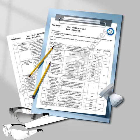 Top Shelf Tinted Safety Glasses Bulk Pack Includes 50 Pieces For Men And Women With Ansi Z87.1 Certification on test report.