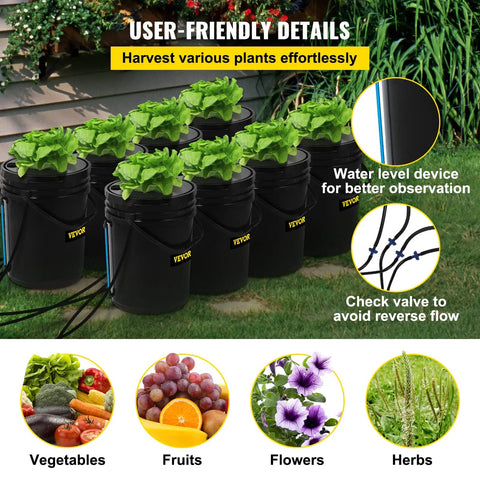DWC Deep Water Culture Hydroponic System with 8 buckets for leafy greens, featuring water level device and check valve.
