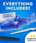 Glow In The Dark Great White Shark Anatomy Kit With 12 Bones And Organs, refill pack, tools, and mold on blue background