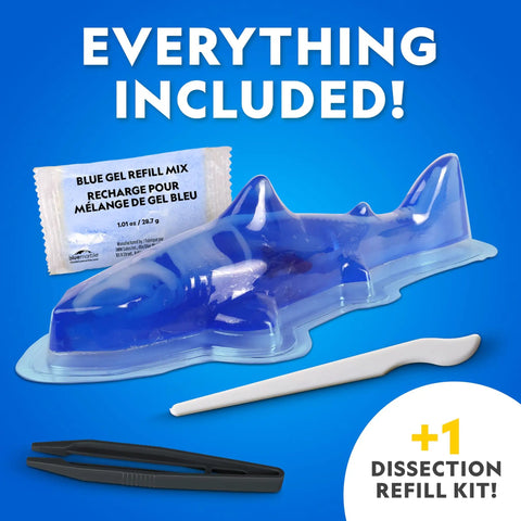 Glow In The Dark Great White Shark Anatomy Kit With 12 Bones And Organs, refill pack, tools, and mold on blue background