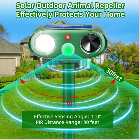 Solar Powered Ultrasonic Deer Repellent Outdoor Deterrent With Motion Sensor Strobe Light That Keeps Rabbits Cats Raccoons Squirrels Out Of Your Garden Yard And Farm Landscaping Protecting Plants In Style 2Pack, green unit on stake, 110° 30ft