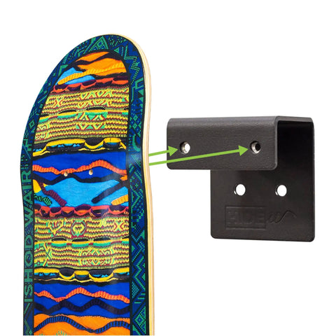 Steel Skateboard Deck Display Wall Mount No Drill Hanger For Decks Turn Your Skates Into Floating Wall Art Without Drilling Any Holes Patent Pending Today shown with a colorful skateboard deck.