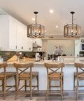 Modern kitchen with Rustic Barn Chic 6 Light Wood Pendant Chandelier With Vintage Cage Design above countertop and wooden chairs.