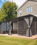 12x20 Patio Gazebo With Curtains And Mosquito Netting Large Wall Mounted Lean To Pergola With Hard Top installed on backyard patio