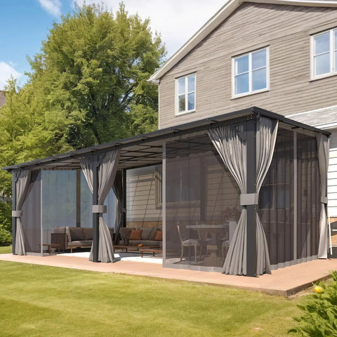 12x20 Patio Gazebo With Curtains And Mosquito Netting Large Wall Mounted Lean To Pergola With Hard Top installed on backyard patio